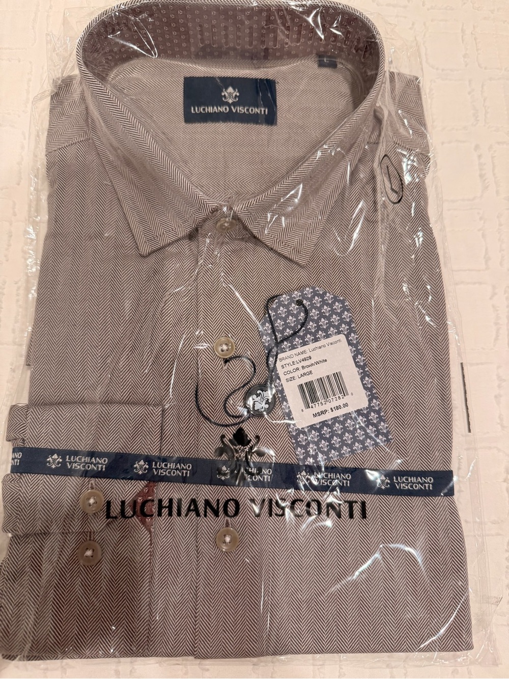 NWT Luciano Visconti Men's Tan Herringbone Dress Shirt
